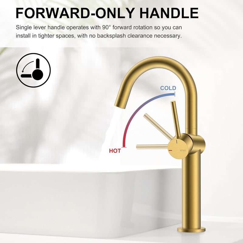 KENES Brushed Gold Tall Bathroom Faucet, Single Handle Vessel Sink Faucet Single Hole, Modern Bathroom Vanity Faucet with Pop Up Drain and Supply Lines, KE-9005C-4 - Image 4
